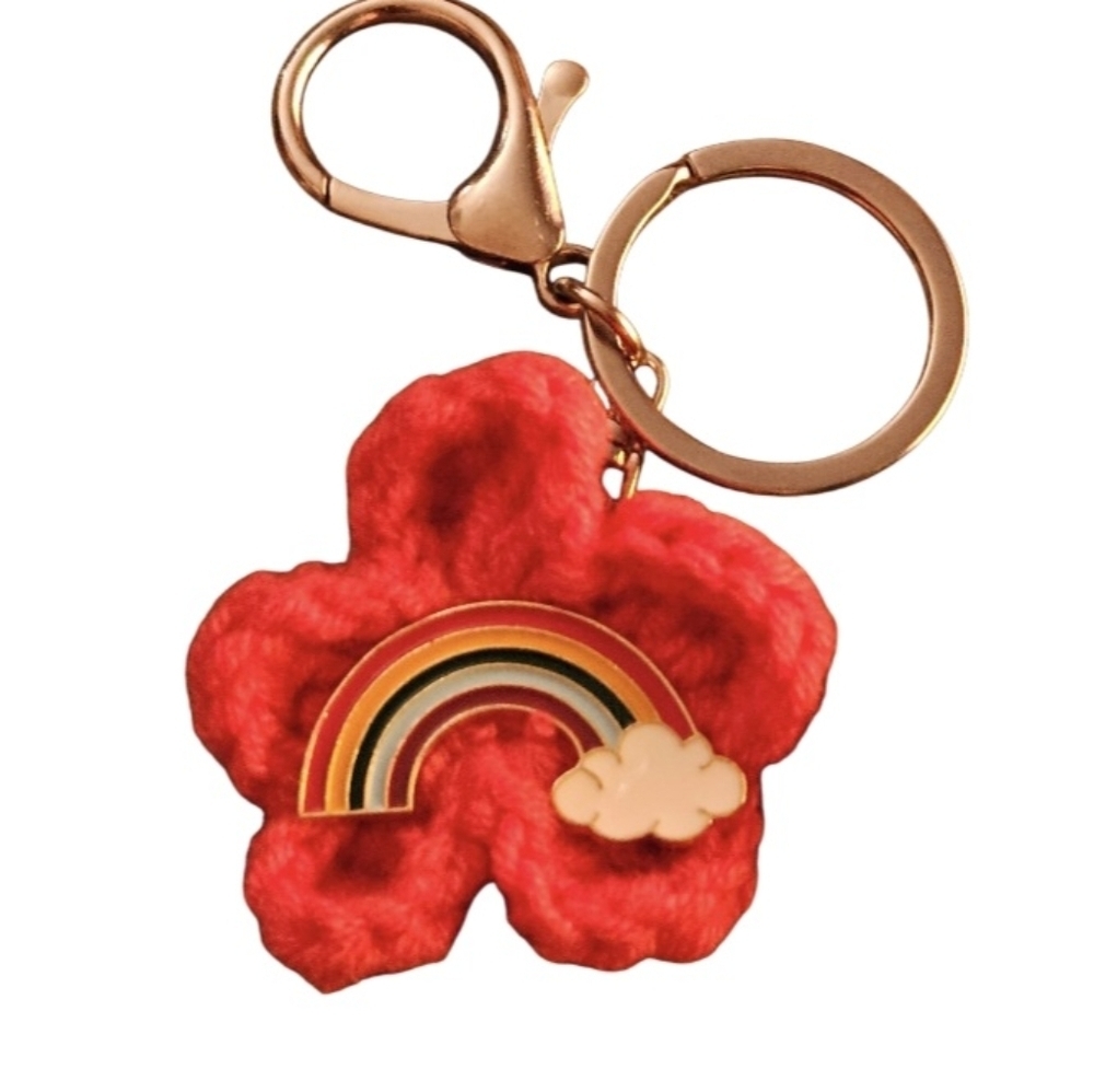 Hand Crafted Keychain Crochet Flower Pink with Rainbow multicolored Enamel Pin
